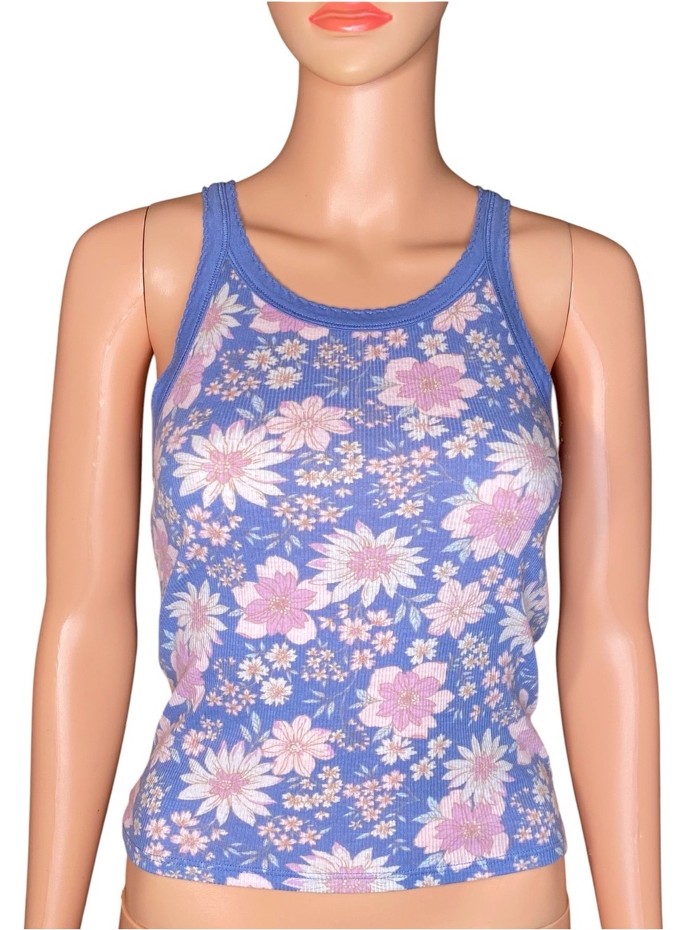American Eagle Ribbed Tank Blue Pink Floral Lightweight Stretchy Layering SZ SM